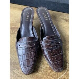 Lauren Ralph Lauren Darilyn Women 7.5B Brown Alligator Leather Slide Kitten Heel